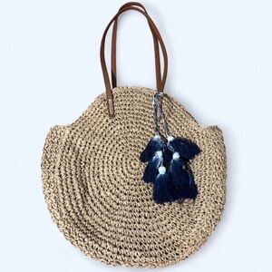 American Eagle Outfitters Woven Round Straw Tote Bag with Ombre Blue Tassels